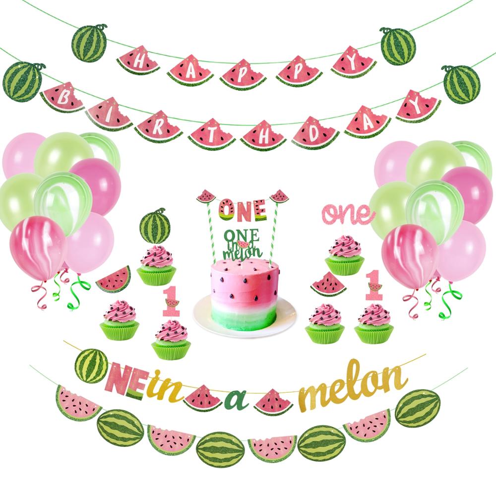 QIFU 1st Birthday Party Decorations Kids Summer Watermelon Party Cake Topper Bunting Flag Decor Pink Baby Shower Party Supplies