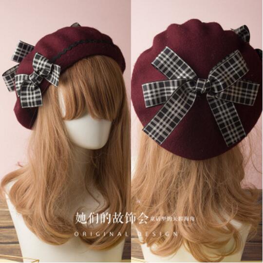 17 Kleuren Lolita Baretten Wol Blend Hoed Vrouwen Meisjes Boog Plaids Streep Sailor Stijl Preppy Chic Studenten Cap: Q