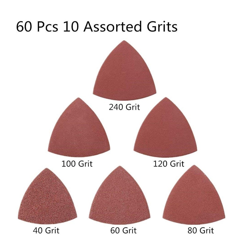 60 Stuks Driehoekige Klittenband Driehoek-Schuurpapier, fit 3-1/8 Inch Oscillerende Multi Tool Schuren Pad, Diverse 40 60 80 10
