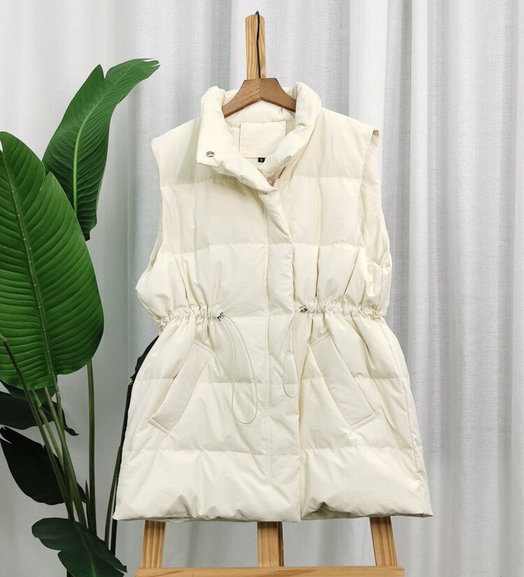 Winter donsvest dik warm wit eendendonsjack opstaande kraag vest damesjas sneeuwkleding: Beige / S
