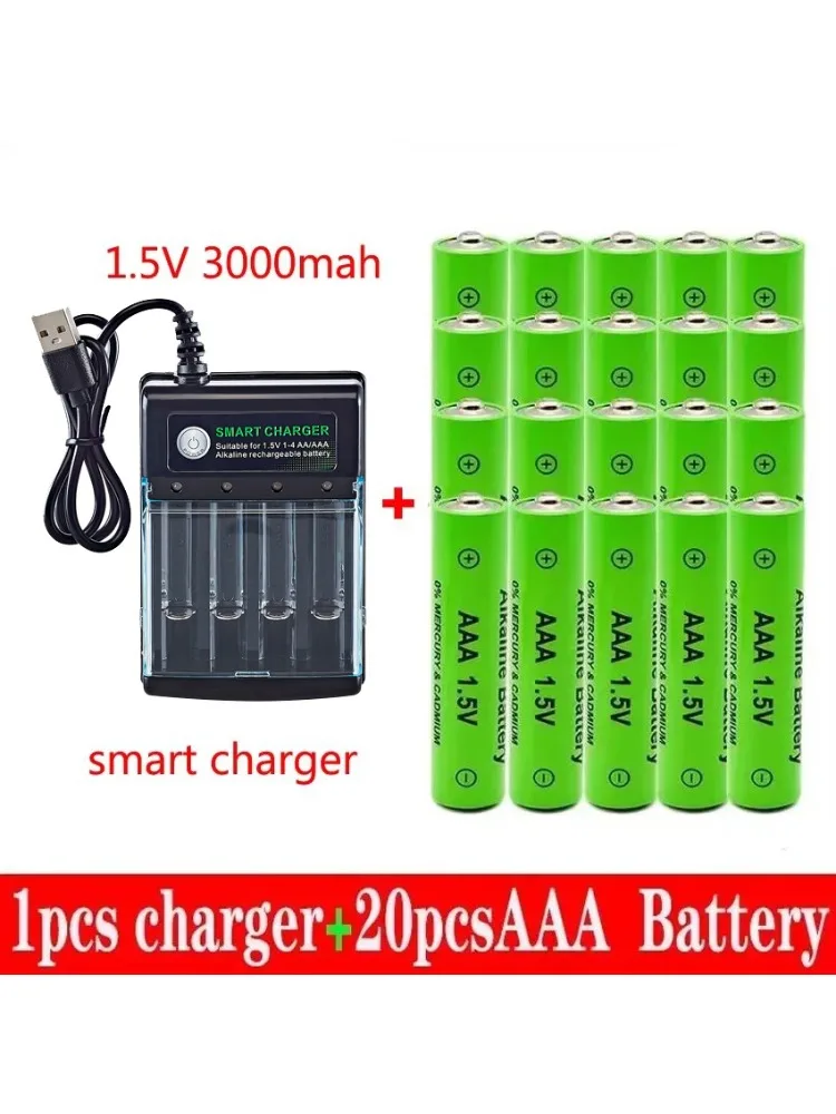 100 % neue AAA-Batterie, 3000 mAh, wiederaufladbarer Akku, AAA 1,5 V, 3000 mAh, wiederaufladbar, neue Alcalinas Drummey + Ladegerät: YELLOW