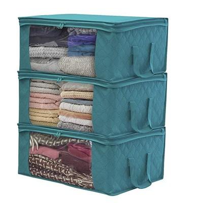 49 x 36 x 21cm 3 stk foldbare opbevaringsposer tøjarrangøræske tæppe quiltetrøje lynlås ikke-vævet foldeskab organisere: Blå