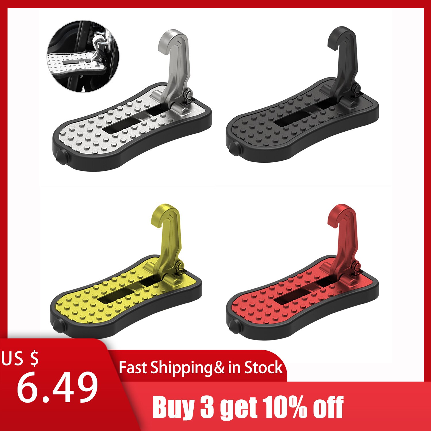 Folding Car Door Step Universal Latch Hook Step Mini Auxiliary Foot Pedal Aluminium Alloy Safety Hammer For Jeep Car Accessories