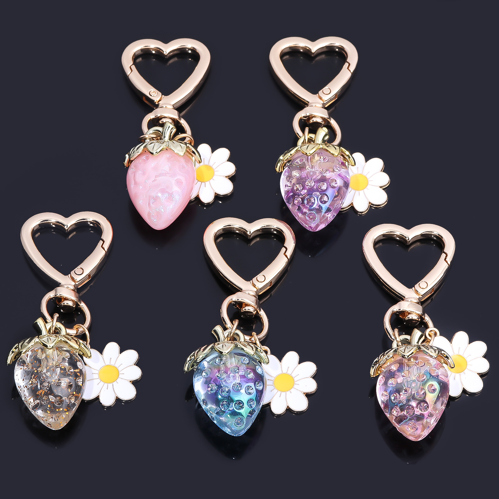 Cute Strawberry Bag Pendant Keychain Kawaii Heart Flower Daisy Key Chain for Women Girs Bag Purse Pendant Accessories