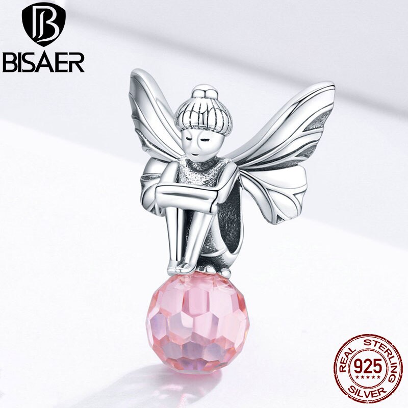 Cuentas de hadas BISAER, abalorios de Plata de Ley 925 de gran con forma de flor de elfo, cuentas de circonita rosa para joyería Original de plata 925 ECC1483