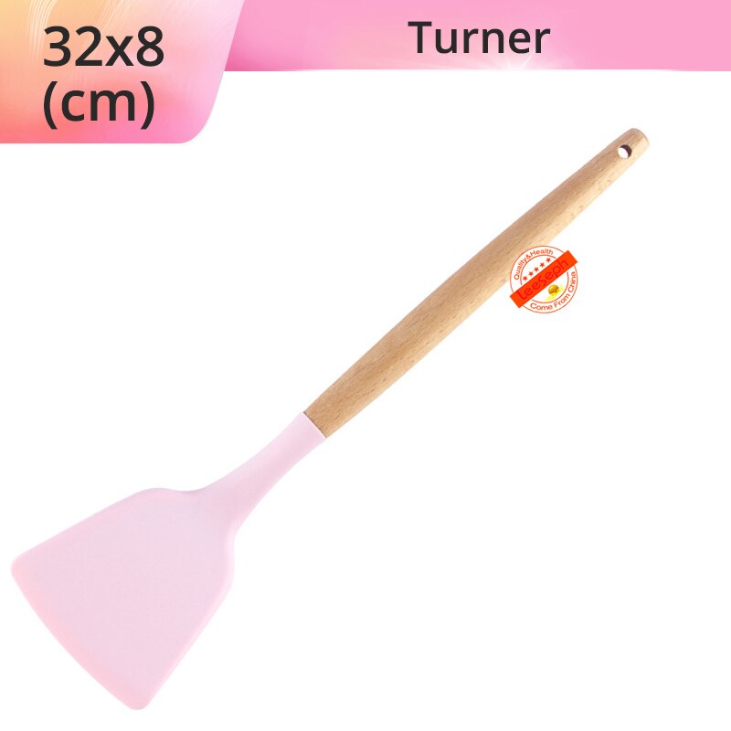 Silicone Cooking Utensils Kitchen Utensils, Acacia Wooden Cooking Tool for Nonstick Cookware - Best Kitchen Gadgets: Pink-Turner