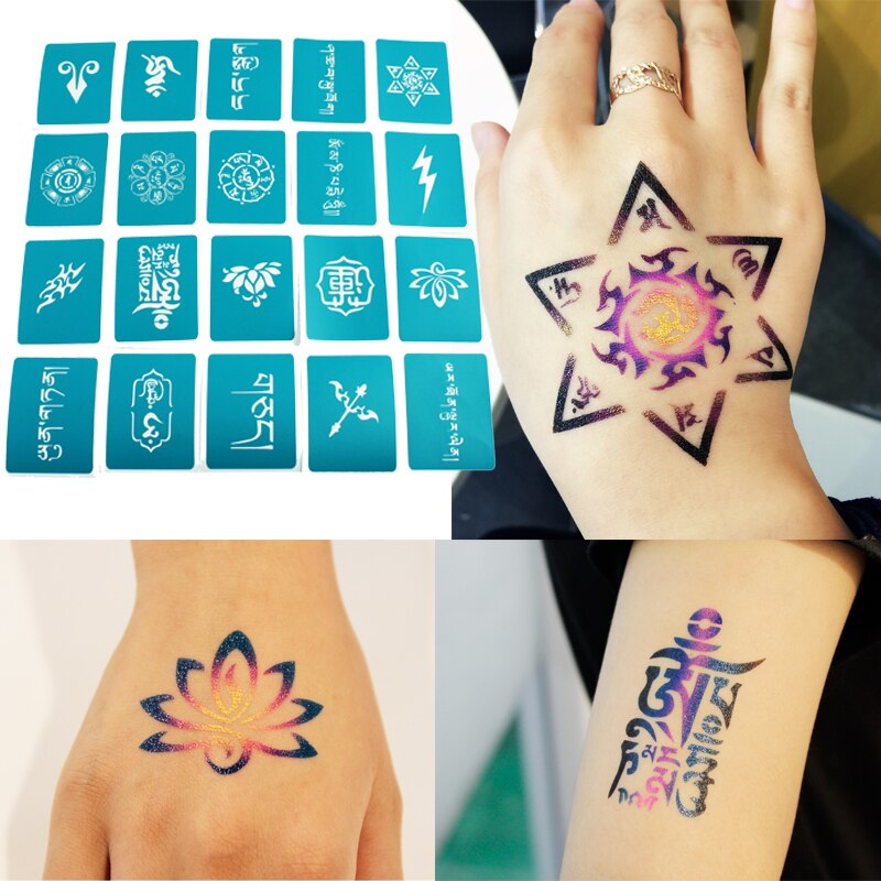 Ophir 20 Pcs Henna Tijdelijke Tattoo Sjablonen Lotus En Tibetaanse Body Paint Stencils Voor Halloween Glitter Tattoo _ STE004