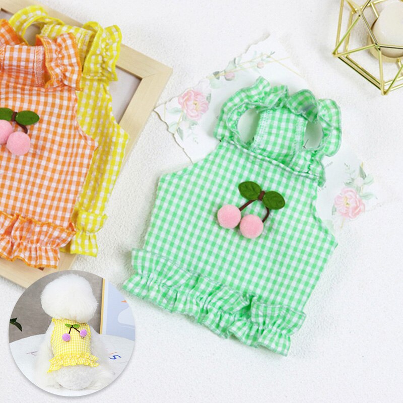 Ropa de verano para perros, vestido de tirantes de cereza a cuadros, falda fina con protector solar para perros pequeños, disfraz de Chihuahua, Bichon, caniche, vestidos para cachorros y mascotas
