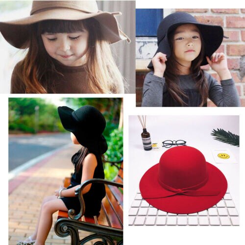 Retro stil børn piger floppy bred skygge stor filt hat bue strand hat sol hat udendørs sort rød i 2-8 år