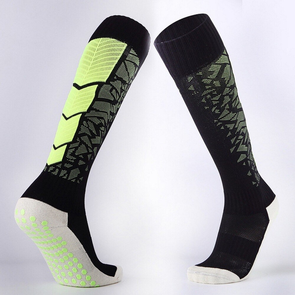 3 par / pakker unisex sportssokker med skridsikker åndbar komfortpude bomuld over knæ fodbold fodboldsokker sportstrømper: Grøn