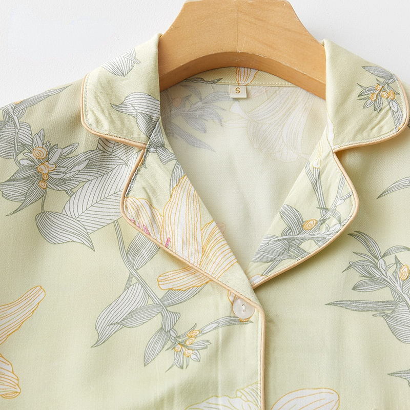 Vrouwen Homewear Viscose Katoen Groene Lelie Gedrukt Korte Mouwen Broek Vest Pyjama Pakken Voor De Lente En Zomer