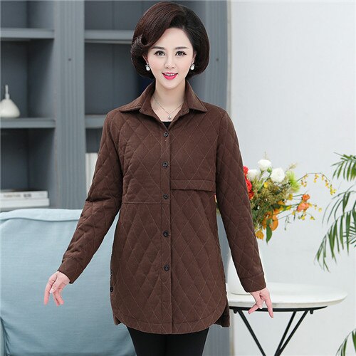 Chaqueta acolchada de algodón para mujer, chaqueta fina con cuello camisero de mediana edad, para otoño e invierno,: Marrón / XL