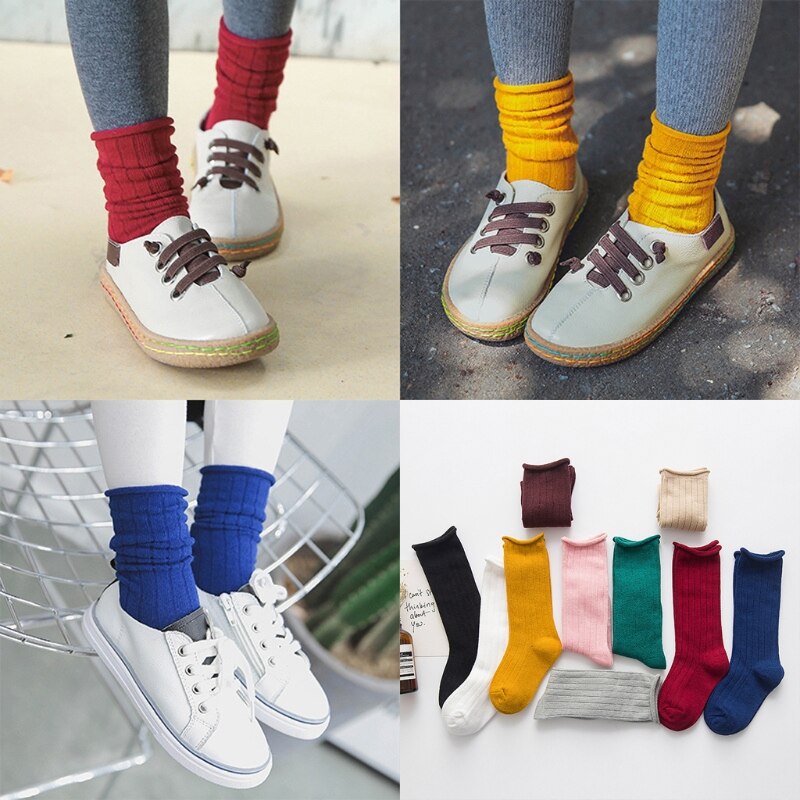 Kinderen meisjes lange laarzen sokken effen snoepkleur beenwarmer verticale streep slang