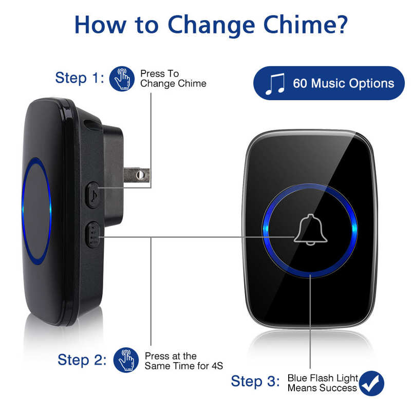 Wireless Doorbell Ring Door Bell Chime Kit Waterproof 2 Plug in Receiver and 1 Battery