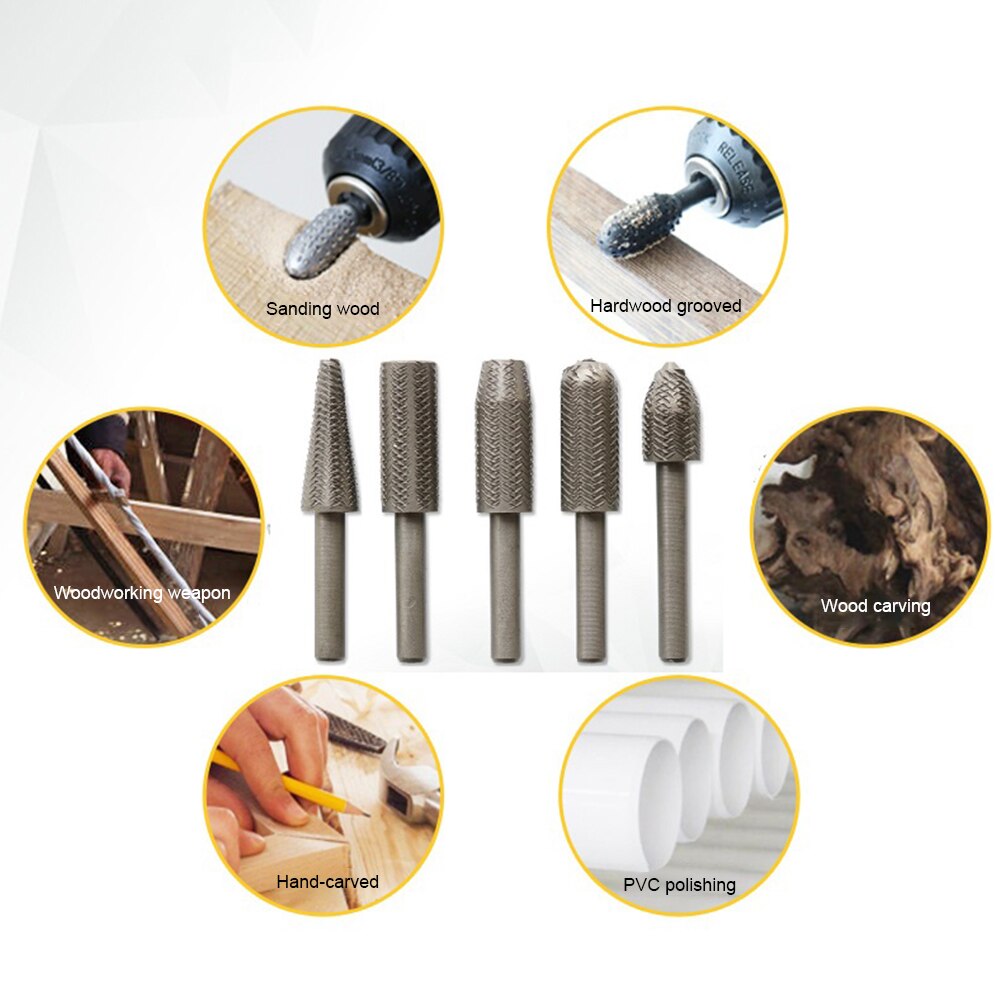 5pcs Woodworking Steel Rotary Rasp File Shank Rotor Craft Files Rasp Burrs Wood Bits Grinding Power Carving Hand Tool