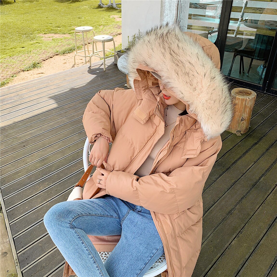 Autumn Women Female ultra Light Slim Thin Zipper Warm Feather Long Coat Good Qualit Hooded big fur collar chic down jacket: Pink / S