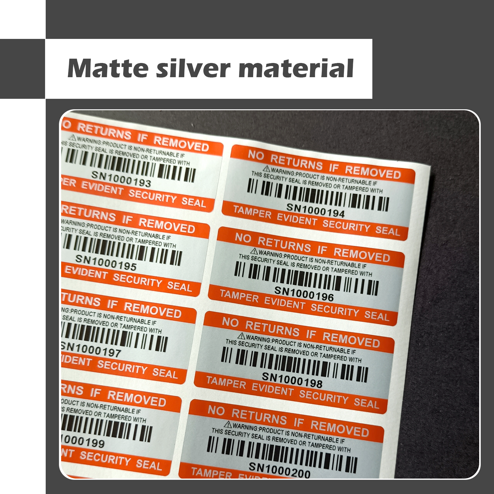 Bar code security labels Dumb silver PET warranty void stickers with serial number waterproof tamper proof seal label（5x2cm)
