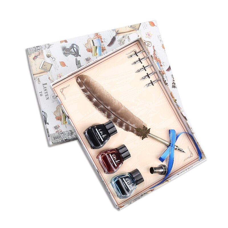 Calligraphy Set Antique Brass Holder 3 Ink Bottle for Beginner Students or Commerce Site 40JB: 1