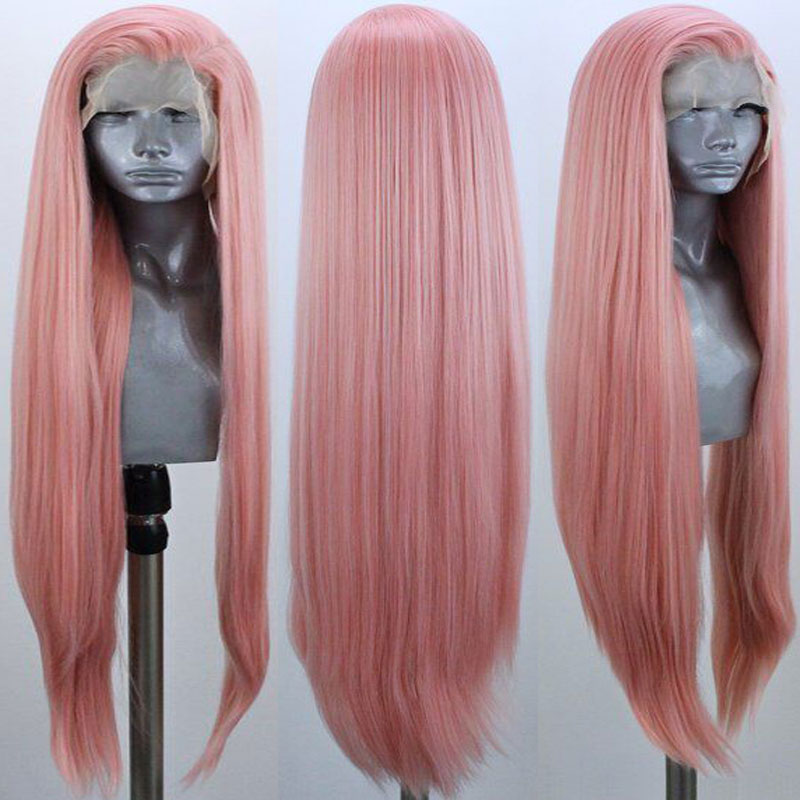 ROSA MELOCOTÓN Bombshell, peluca sintética de 13x3 atado a mano recta con malla frontal sin pegamento, fibra de pelo resistente al calor, separación lateral para mujeres