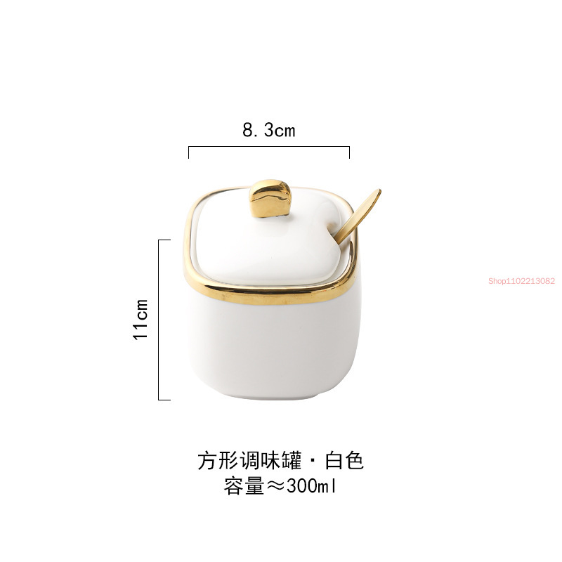 Gold-plated Ceramic Seasoning Jar with Lid Spoon Household Sugar Bowl Chili Box Kitchen Food Container Spice Organizer Rack: Orange