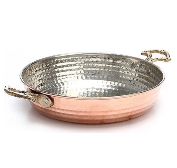 Perinteinen turkkilainen kuparimuna-munakas-pannu, sahan, paistinpannu messinkikahvoilla turkkilainen muna-potti-munakas-paistinpannu -(8.6 inc /22cm)