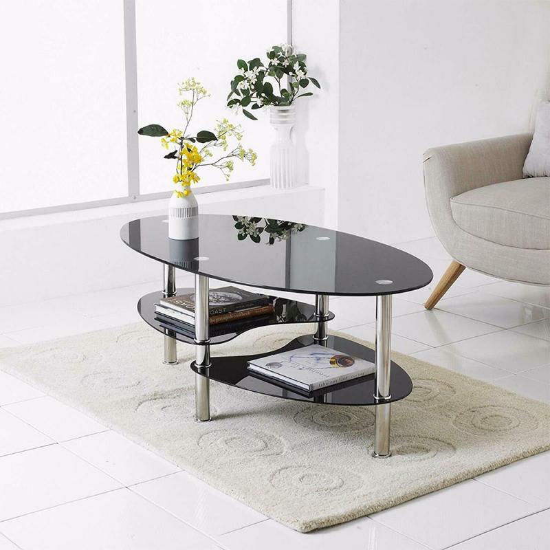 Table basse en verre trempé, Style double queue de poisson, noire, ovale, latérale, étagère de salon moderne, meubles de Table basse HWC
