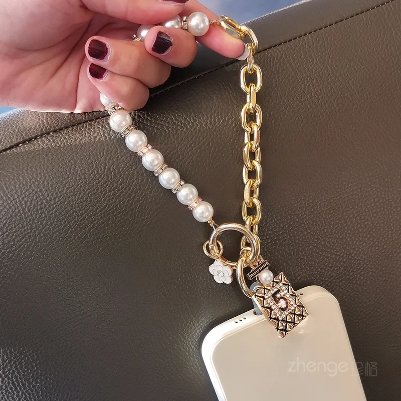 Lanyard voor mobiele telefoon Parelketting nr. 5-hangende tagarmband, korte polsband, kleine tag, metalen clip, telefoonhoes, universele riem