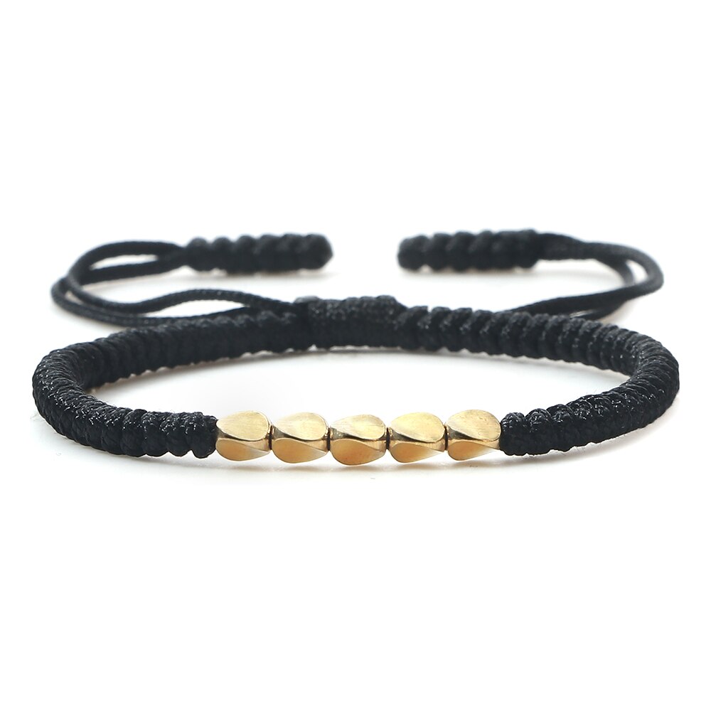 Pulsera de cuentas de cobre budista tibetana hecha a mano, nudos con dijes, cuerda de Buda, brazaletes de hilo trenzado de la suerte ajustables para mujeres y hombres: Color dorado