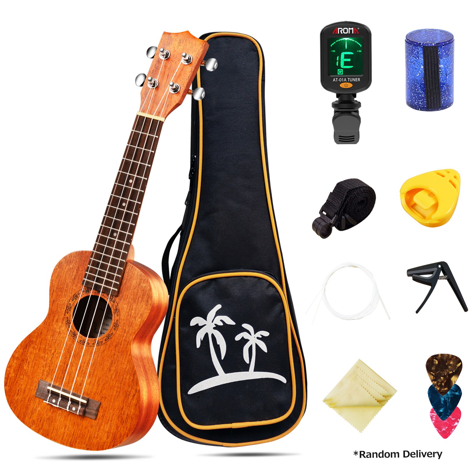 Ukelele Soprano acústico de 21 pulgadas, Kit de Ukelele de tilo de 21 pulgadas y Bolsa, correa de cuerdas, sintonizador, instrumento Musical
