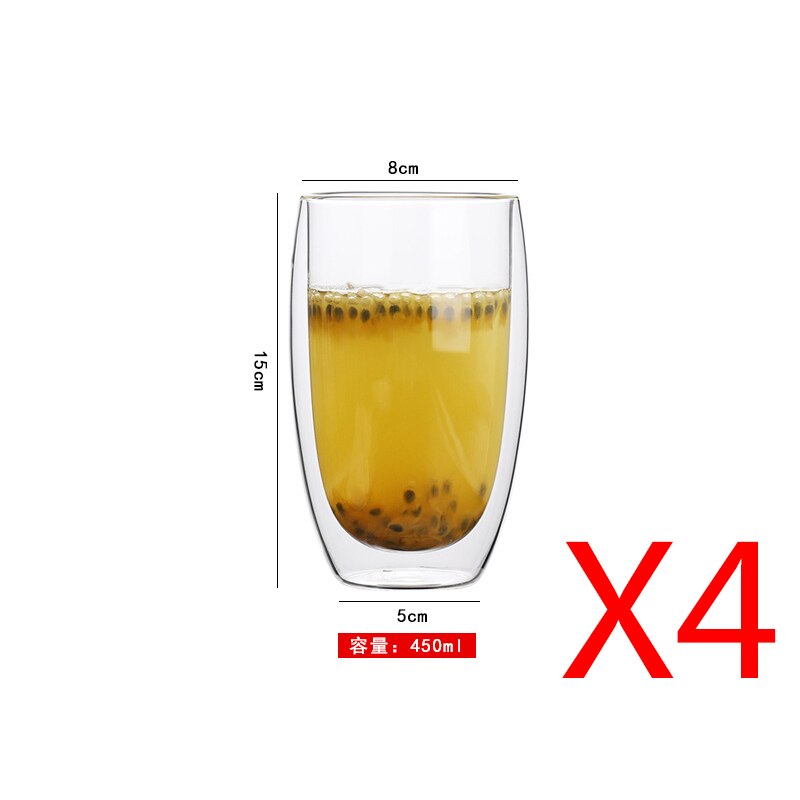 Transparent Double-layer Insulation Cup Heat-proof Anti-freeze Coffee Cup Ice Cream Cup Milk Cup Tea Cup Beverage Cup Creativity: 450ml x4