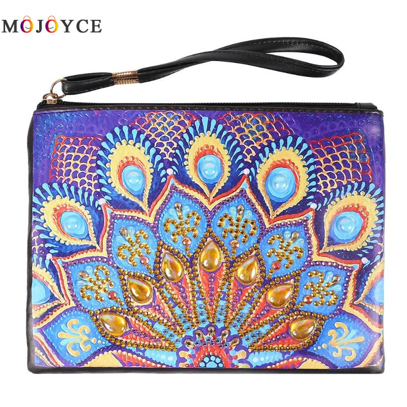 Women Wristlet Bags DIY Special Shaped Diamond Painting Zipper Wallet Women Clutch Coin Purses: Peacock 1