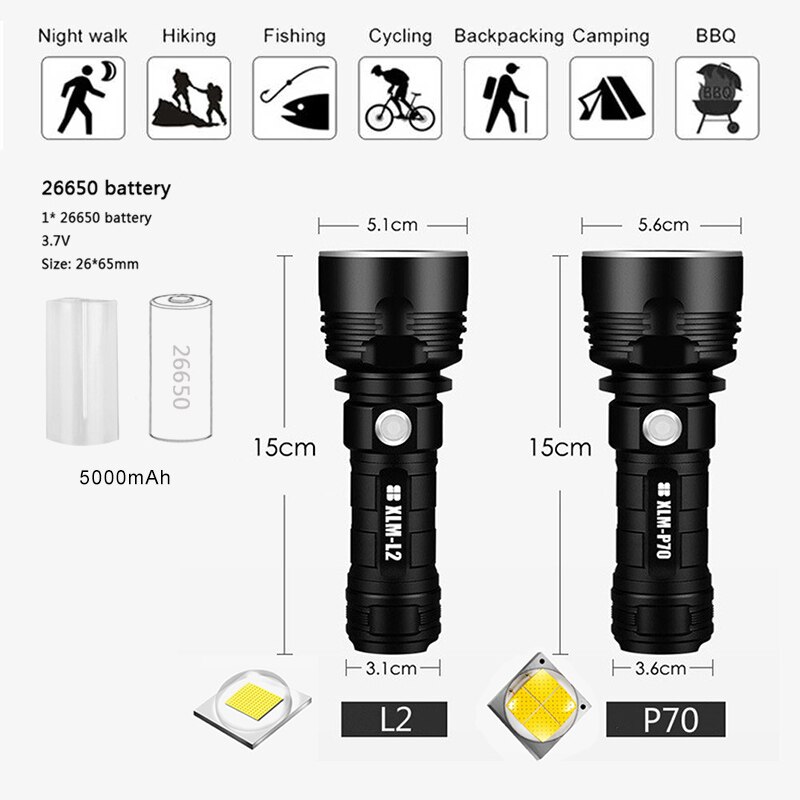 Linterna LED súper potente, linterna resistente al agua, linterna recargable por USB CREE XHP70, linterna Ultra brillante para acampar y cazar