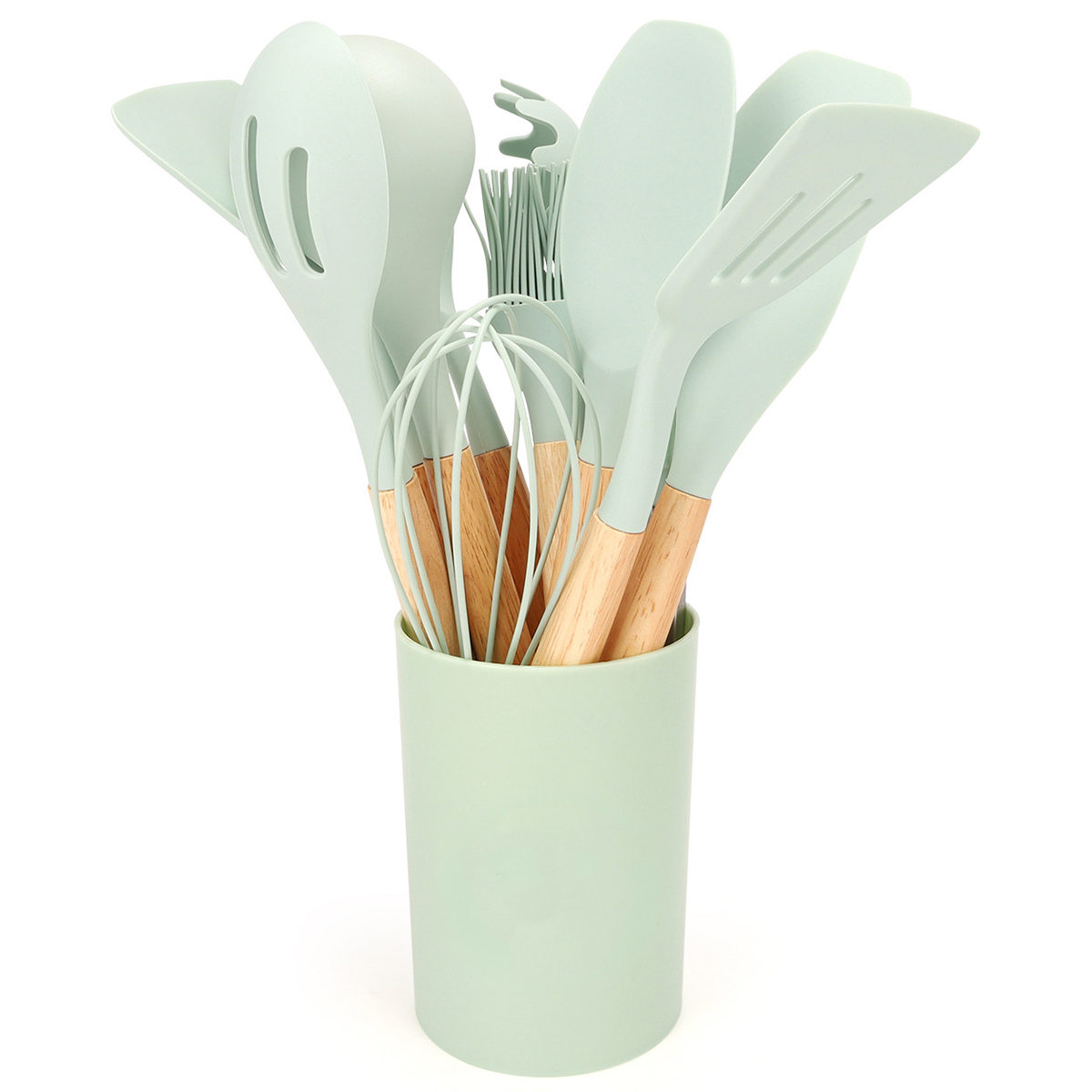 12 Stuks Siliconen Keukengerei Spatel Schop Soeplepel Koken Tool Met Opslag Emmer Non-stick Houten Handvat Keuken gadgets: Licht Geel