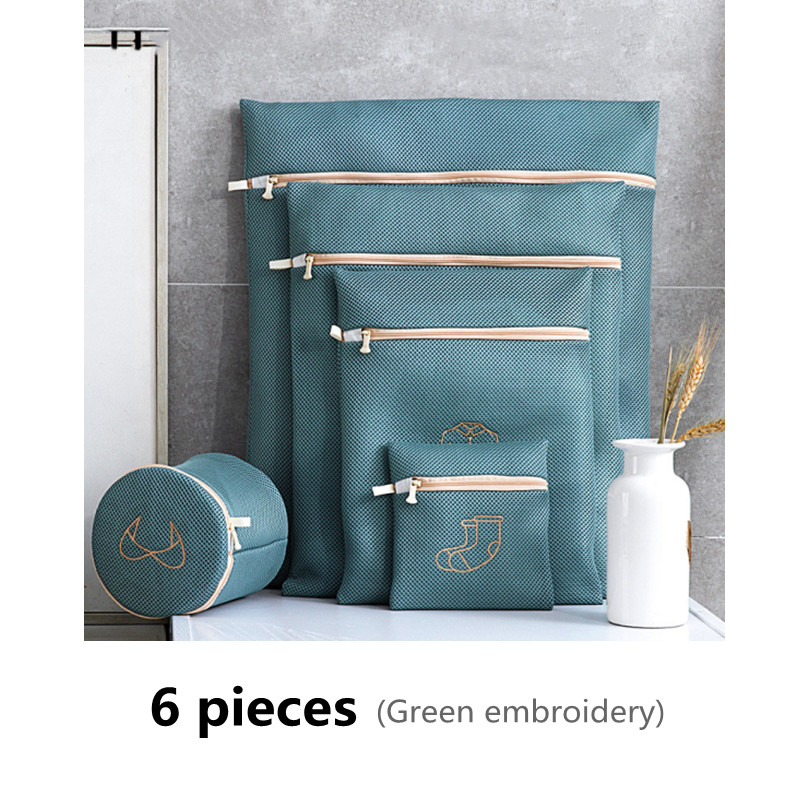Conjunto de bolsa de lavandería bordada, bolsa para lavar ropa interior, sujetador, bolsas de lavado, cesta de lavandería de malla de poliéster, Kits de lavado plegables para el hogar, 1 Juego: Green 6 pieces set