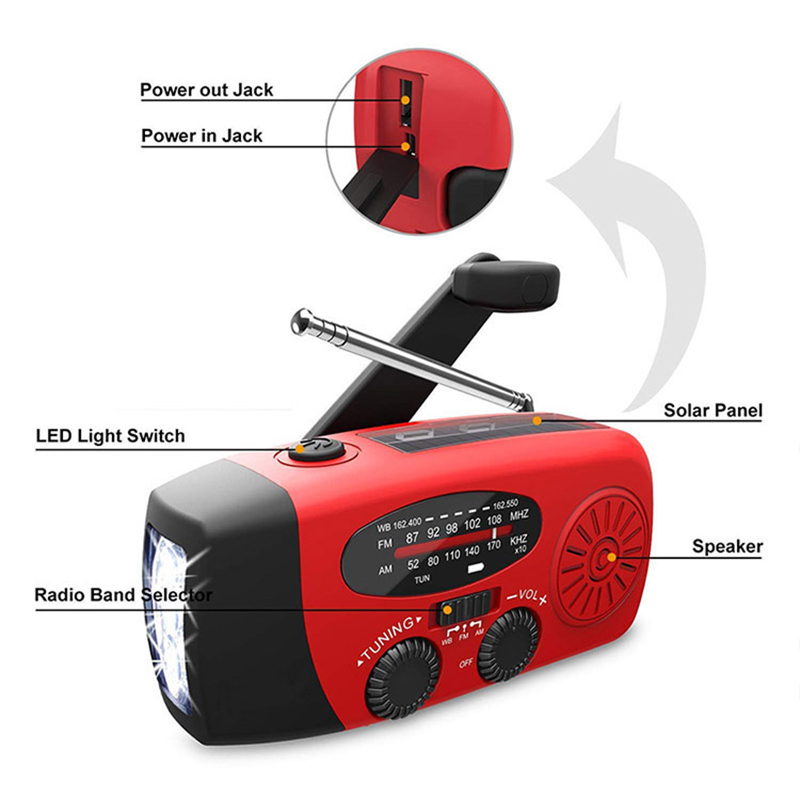 Radio solar portátil Radio FM de emergencia con Banco de energía de 1000mAh manivela autoalimentada AM/FM/NOAA radios con 3 linterna LED