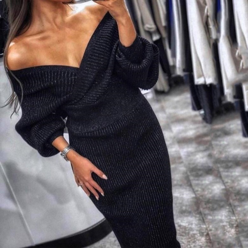 V-neck Knitting Sweater Women Set 2 Piece Pullovers Skirt Outfits For Women Suit Casual Shoulder Off Top Pack Hip Women Set