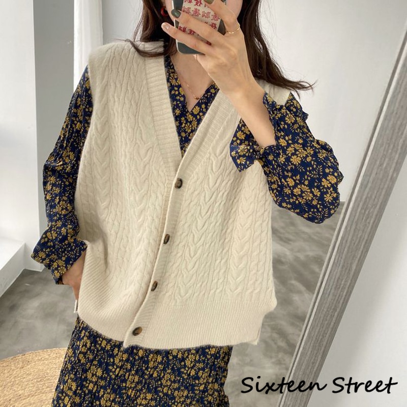 Mouwloos gebreid vest dames losse v-hals trui dames vintage kleding effen knoop winter en herfst korea