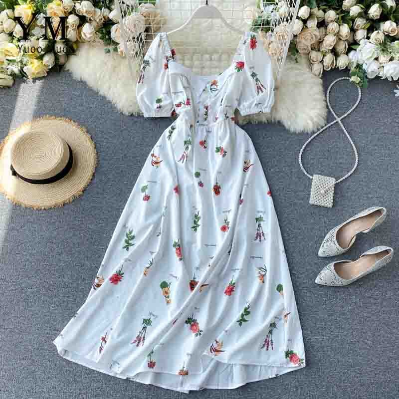Yuoomuoo kvinner sommer ins lang kjole kvinnelig stil blomsterprint maxi kjole dame a-linje festkjole vestidos: Hvit