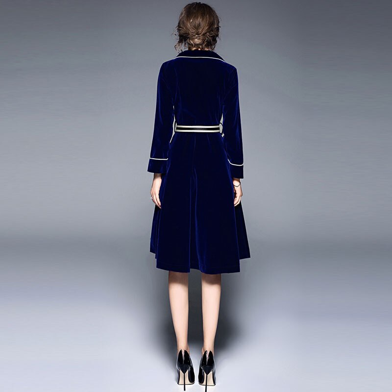 Women Velvet Long Coat Autumn/Winter High-end Office Lady A-Line Solid Belt Turn-down Collar Dress Woolen Coat