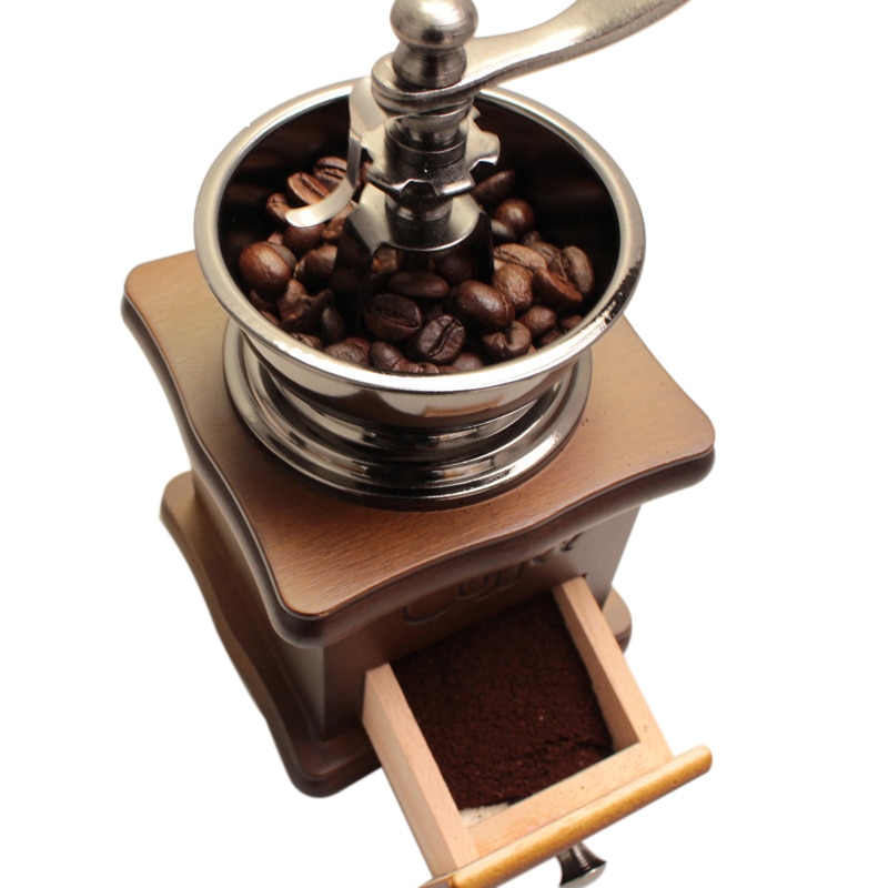 Mini molinillo de café de madera clásico Manual de acero inoxidable Retro Molino de especias de café con movimiento de porcelana de