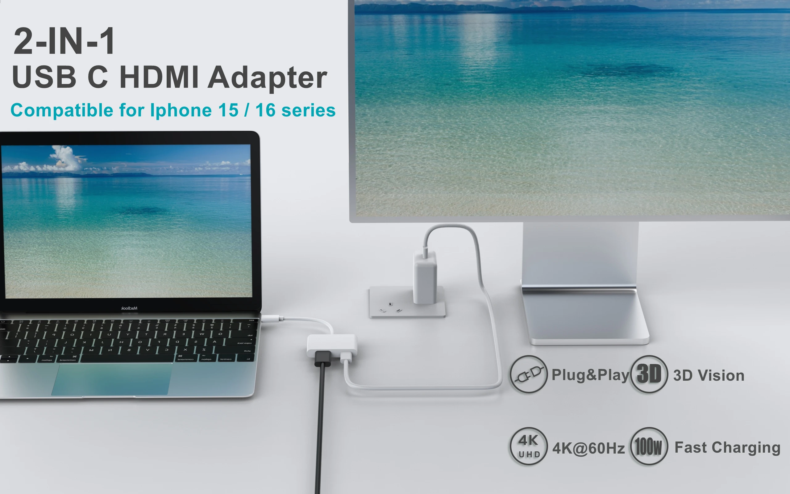 Usb-c til hdmi-adapter for iphone 15/16 to hdtv type c digital av hdmi-adapter med 100w hurtiglading 4k @ 60hz hdmi-konverter