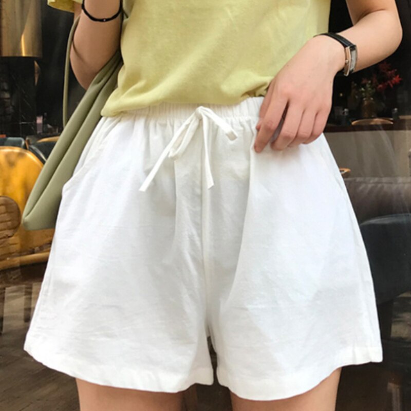 Frauen Baumwolle Leinen kurze Hose Sommer Laufhose Feminino frauen Elastische Taille Hause verlieren Beiläufige kurze Hose Mit Tasche