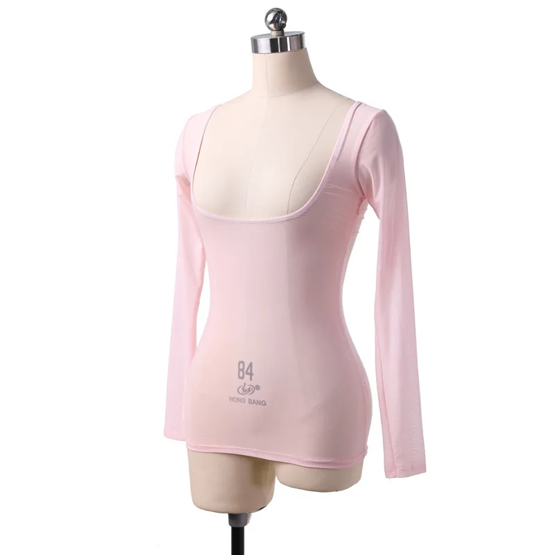Dames lange mouw doorzichtige mesh pure crop top blouse shirt pull-on bodycon tee danser basiskleding sexy transparant naakt rood: Roze