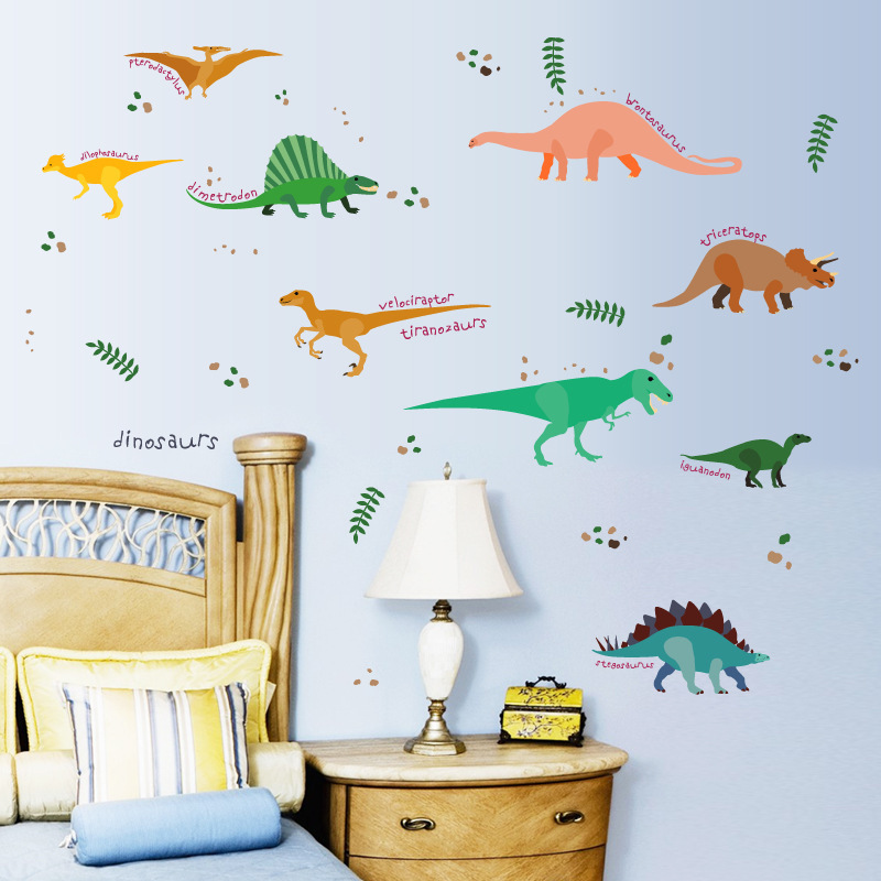 Pegatinas de pared de dinosaurios para guardería, decoración del hogar, Mural de animales de dibujos animados, arte artesanal, calcomanías de pared para habitación de niños