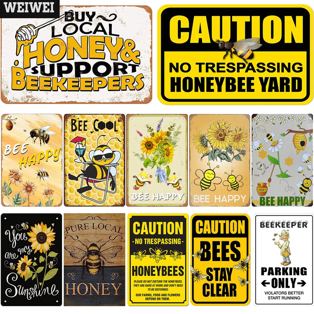 Affiche de miel Happy Bee, Plaque métallique en fer blanc, décoration murale pour jardin, ferme, apiculteur, avertissement, plaques en fer Vintage