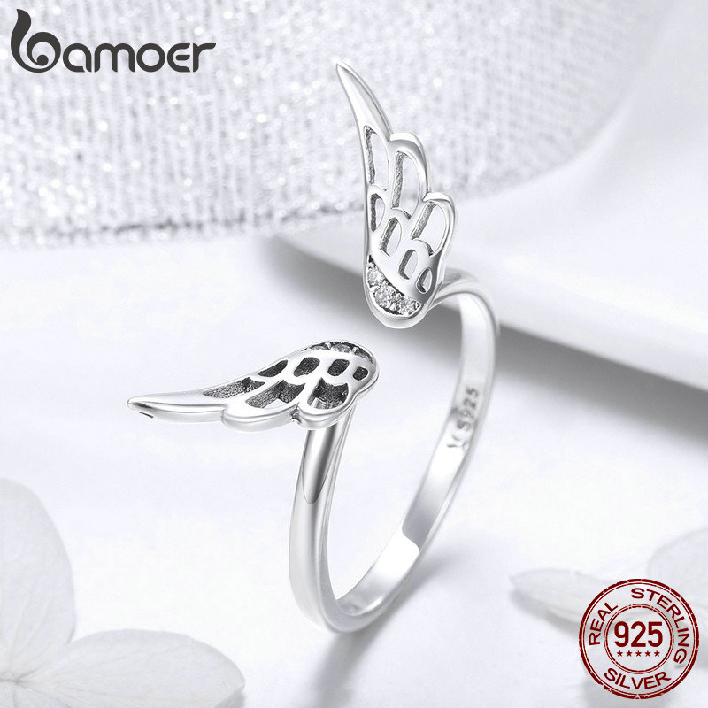 Bamoer Authentieke 925 Sterling Zilver Klassieke Veren Vleugels Verstelbare Vinger Ringen Voor Vrouwen Wedding Engagement Sieraden SCR457