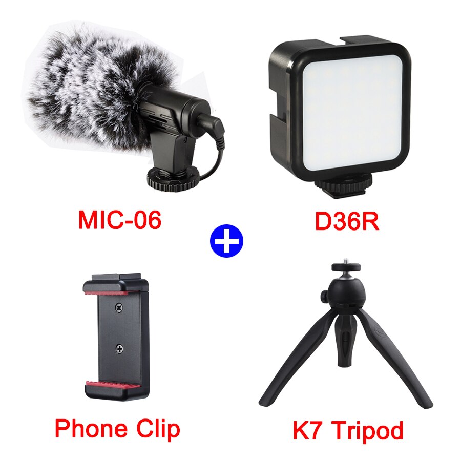 MAMEN Mini D36R LED Video Light Set Smartphone Vlogging Kits With Microphone Phone Cage Tripod For Video Shooting Photo Light: Package 6