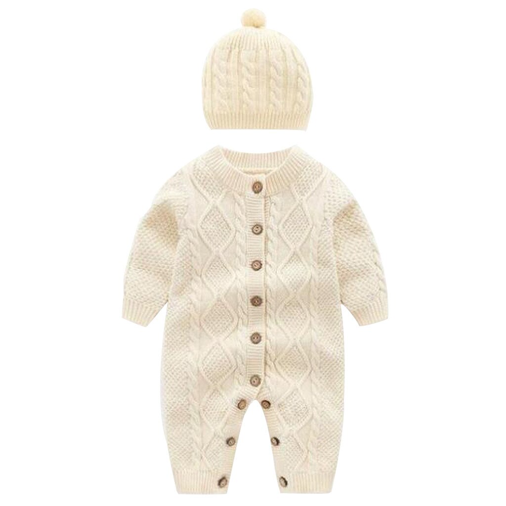 2 Pcs Infant Baby Mädchen Jungen Pullover Stricken Spielanzugoverall Häkeln Hüte Neue Geboren Jungen Kleidung Winter Baby Overall Romper kostüm: White / 18m