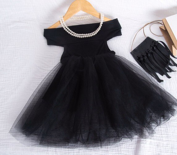 Prinsessekjolekonkurrence nyfødt baby børn pige off shoulder tutu mesh kjole fest bryllup kjole sort hvid pink: Sort / 12m