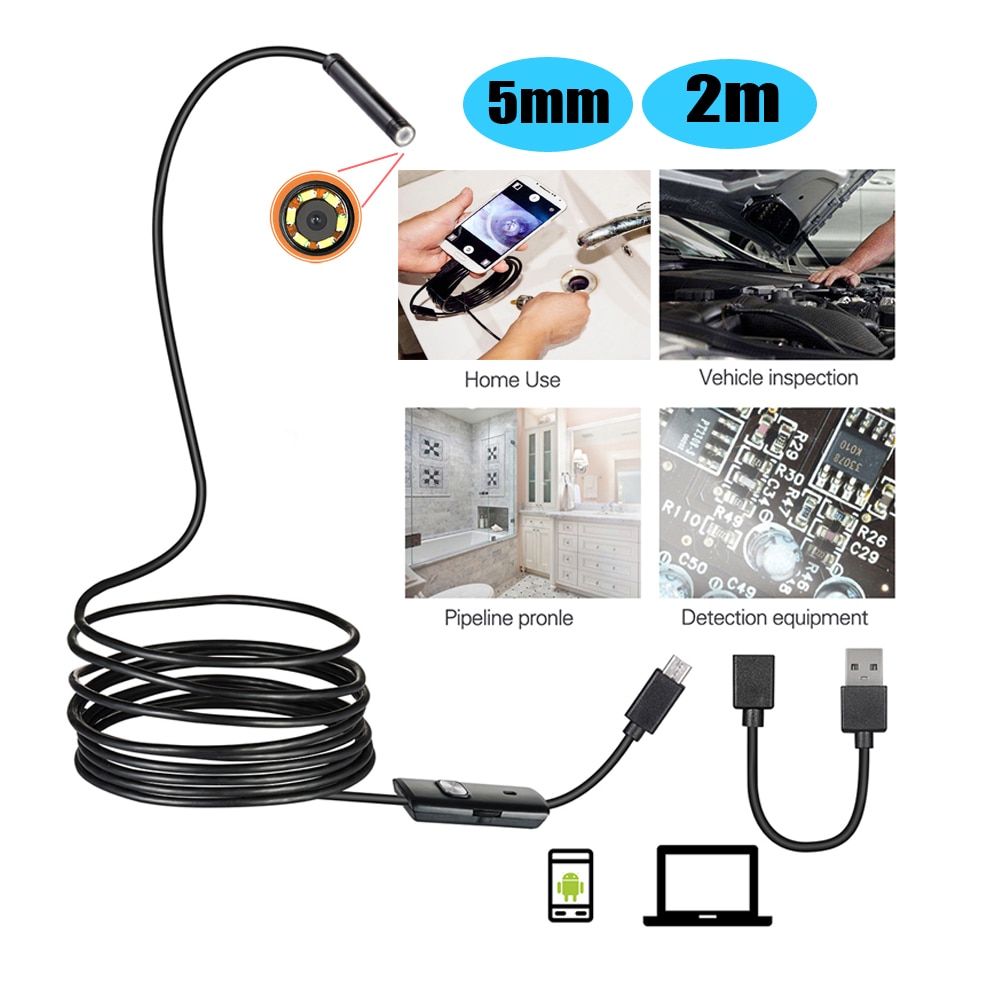 5mm 2m android endoskop kamera  ip67 vandtæt support otg & uvc smartphone hd slange mini usb endoskop til bil / pcb / øredetektion